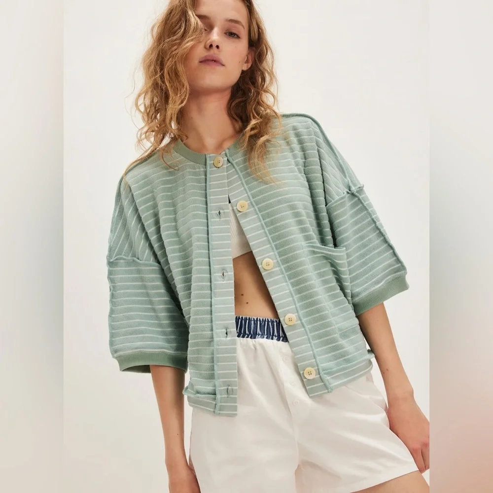 NWT! FP Free People Matilda Striped Terry Cardigan Sz Large - Picture 1 of 4